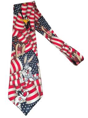 Vintage Looney Tunes Necktie USA Flag Patriotic Cartoons Warner Bros. 1995 Silk
